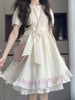 Japanese Sweet Lovely Bow Apricot Dress Set Women Kawaii Lace Puff Sleeve Dresses Vintage Chic Pink Knit Cardigan