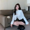 White Cropped Jackets for Women Korean Ruffles Double-Breasted Coat Ladies Elegant Chic Short Tweed Cardigans