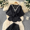 Elegant Rhinestone Pleated Skirt Sets Slim Party Club Vintage Dress American Women Clothes Two Piece Set 9R3018