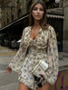 White Print Women's Dress Elegant V-Neck Ruffled Long Sleeve Dresses Autumn High Waisted Pleated Mini Dresses