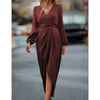 Women's Satin Evening Party Maxi Dress Draped Silk V-Neck Long Sleeve Office Lady Midi Dresses Vestidos Sexy Chic Robes Longue