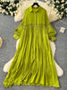 Spring Vintage Loose Dresses Women Lantern Sleeve Turn-down Collar Solid Single Breasted Casual Folds Long Dress