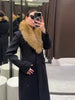Elegant Faux Fur Wool Long Coat Women Solid Full Sleeve Lapel Patchwork Waist-closed Slim Coats Female Winter Outwear