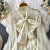 Retro Elegant V-neck ruffle lace-up pleated long sleeve A-line Casual High Waist Dress Women Autumn Dress
