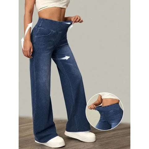 Women's Jeans Elastic Waist High Stretch Loose Straight-Leg Pants Comfortable Versatile