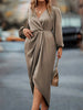 Women's Satin Evening Party Maxi Dress Draped Silk V-Neck Long Sleeve Office Lady Midi Dresses Vestidos Sexy Chic Robes Longue