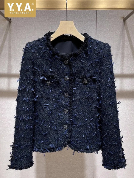 Elegant Women Autumn O Neck Diamonds Single Breasted Tweed Jacket Office Ladies Work Vintage Tassels Coat Party Outerwear Tops