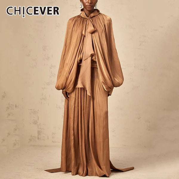 Chic Prom Robe for Women Scarf Collar Lantern Sleeve High Waist Temperament Pleated Evening Dress Female Clothes