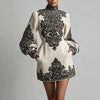 Women High Neck Print Mini Dress Long Lantern Sleeve Loose Tunic A-Line Dress Spring Fall Elegant Date Night Evening Short Dress