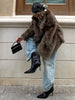 Women Brown Faux Fur Open Front Cardigan Coat Long Sleeve Collarless Loose Plush Outerwear Lady Elegant Winter Warm Furry Jacket