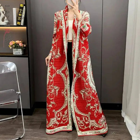 Red National Style Printting Pleated Women's Long Robe Chic Temperament Cardigan Trench Coat 2DB3930