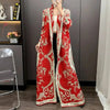 Red National Style Printting Pleated Women's Long Robe Chic Temperament Cardigan Trench Coat 2DB3930