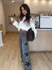 Women's Casual Loose Straight Denim Pants with Five-Pointed Star Design