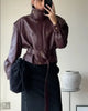 Beige Croc Leather Cropped Jacket Y2k Stand Collar Long Sleeve Wide Cuff Oversize Coat Autumn Street Daily Casual Outerwear