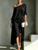 One Shoulder Midi Dress Asymmetrical Hem Waist Knot 3/4 Sleeve Draped Formal Evening Elegant Color Cocktail Dress for Women