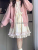 Japanese Sweet Lovely Bow Apricot Dress Set Women Kawaii Lace Puff Sleeve Dresses Vintage Chic Pink Knit Cardigan