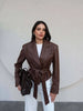 Burgundy PU Jacket Women Autumn Slim Lace Up Blazer Top Fall Casual Leather Jackets Coat Femme