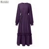 Modest Hijabs Abaya Long Dresses Women Muslim Ramadan O-Neck Pleated Lantern Sleeve Solid Color Ruffles A-Line Robes 3XL