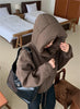 Solid Wool Coat Women Casual Hooded Y2k Loose Zipper Blends Cardigan Full Sleeved Thick Warm Outwear Jackets Autumn Winter