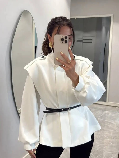 Women's Chic Waist-cinching Short Trench Coat Solid Long Sleeve Shoulder Pad Cropped Jackets Autumn Street Commute Outwear