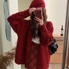 Korean Female Red Knitted Cardigan Sweater Lazy Wind Loose Cardigans Coat Spring Autumn Casual Thicken Sweater Jacket