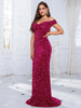 Off The Shoulder Mermaid Evening Dress Red Stretchy Sequin Velvet Slash Neck Floor Length Women Party Dresses