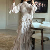 Women's Party Dresses High Waist Pleat Lady Casual High Collar Layered Banquet Dress Elegant Long Sleeve Evening Dress