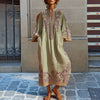 Women Bohemian Ethnic Floral Print Maxi Dress Half Open Collar 3/4 Sleeve Pocket Loose Fit Casual Holiday Retro Long Dress