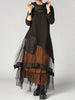 Women's Dress Cowl Neck Patchwork Mesh Tiered Long Sleeve Maxi Dress Vintage Casual A-Line Aysmmetric Hem Dress-ONLY Black Part