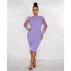 Elegant Women Floral Applique Mesh Long Sleeve Knit Ribbed Sweater Dress Autumn Winter Bodycon Dresses Vestidos