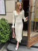Ruffled Patchwork Knit Maxi Dress For Women Elegant Ribbed Long Sleeve Party Dress Gown Slim Knitwear Long Dress
