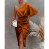 Womens Satin One Shoulder Batwing Sleeve Ruched Bodycon Midi Long Dress Asymmetrical Wrap Front Cocktail Party Dresses