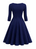 Women Elegant Square Neck 3/4 Sleeve Autumn Work Party Midi Dress Solid Color Zip Front Solid Business Casual Swing A-Line Dress