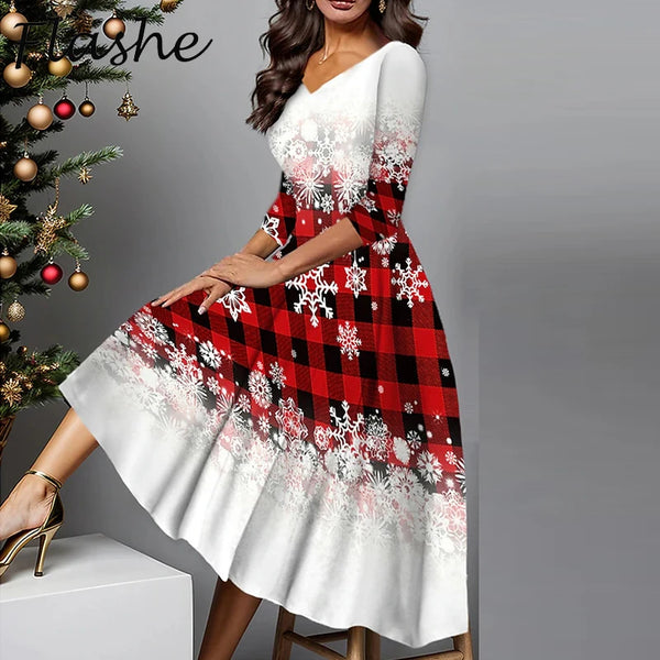 Plus Size Women Christmas Dress Plus Size V Neck Loose Long Dresses For Women Printed Party Dress Red Robe
