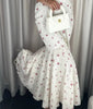 Women White Floral Print Maxi Dress V Neck Puff Sleeve Peplum Waist Fishtail Hem Chiffon Robe Elegant Party Wedding Guest Gown