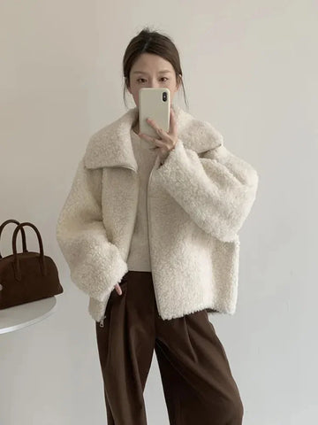 Faux Lambs Women Jacket Y2K Autumn Plush Thick Zipper Warm Coats Streetwear Long Sleeve All Match Hairy Outerwear