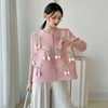 Design Bowknot Flower Women's Pleated Shirt Coat O-neck Elastic Loose Long Sleeve Sweet Temperament Chic Top
