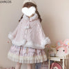 Japanese Kawaii Lolita Style Plush Hooded Poncho Coat Women Sweet Warm Knitted Bow Short Jackets Vintage Elegant Cloak Outerwear