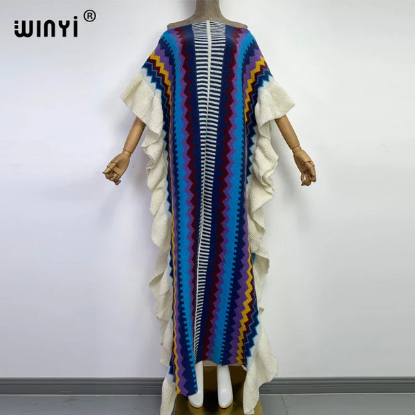 Knitting Rainbow Printing Comfort Warm Winter Holiday Dress Elegant Africa Women Boho Party Long Dress