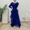 Ruffle Edge Maxi Pleated Dress For Women Round Neck Long Sleeves Solid Color Stitching Belt Dresses 2DA9911