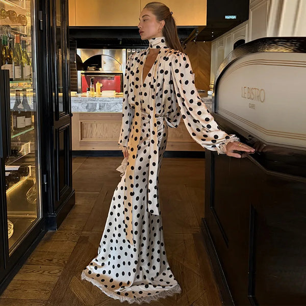 Retro Elegant Satin Polka Dots V Neck Maxi Dress Suit Women Ribbon Lace Full Sleeve Puff Sleeve Waist Cinched Long Dresses