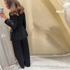 Balck Pants Set For Women Casual Stand Collar Single Breasted Blazer Wide-leg Pants Lady Spring Chic Street Outfits