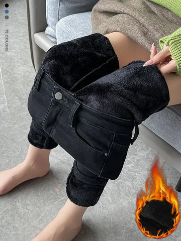 Skinny Women's Warm Jeans Winter Thicken Fleece Stretch High Waist Pencil Pants Korean Black Blue Gray Velvet Leggings