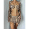 Women Sexy Dancing Dress Set Women's Beaded Knitted Sweater Three Piece Set Looking
