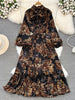 Spring Autumn Women's Long Sleeved Dress Temperament Loose Large Size Lace Up Printed Long Dress Female C329