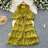 High End Party Ruffles Runway Dresses Women Lantern Sleeve Lace-up Loose Stretch Celebrity Beautiful Long Dress