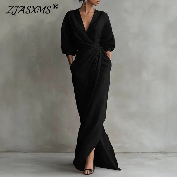 Bohemian Casual Solid Split Long Dresses Woman Elegant V Neck Pocket Maxi Dress Spring Long Sleeve High Waist Draped Party Dress