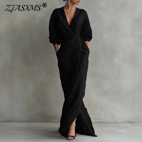 Bohemian Casual Solid Split Long Dresses Woman Elegant V Neck Pocket Maxi Dress Spring Long Sleeve High Waist Draped Party Dress