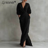 Bohemian Casual Solid Split Long Dresses Woman Elegant V Neck Pocket Maxi Dress Spring Long Sleeve High Waist Draped Party Dress