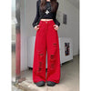 Women Red Ripped Jeans Baggy Vintage Aesthetic Streetwear Cowboy Pants Harajuku Oversize Denim Trousers Y2k 2000s Clothes